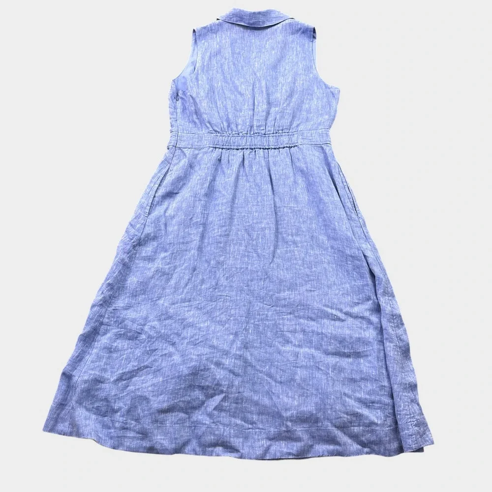 Talbots Linen Midi Dress Womens 10P Blue Sleeveless Pockets Resort Beach Coastal